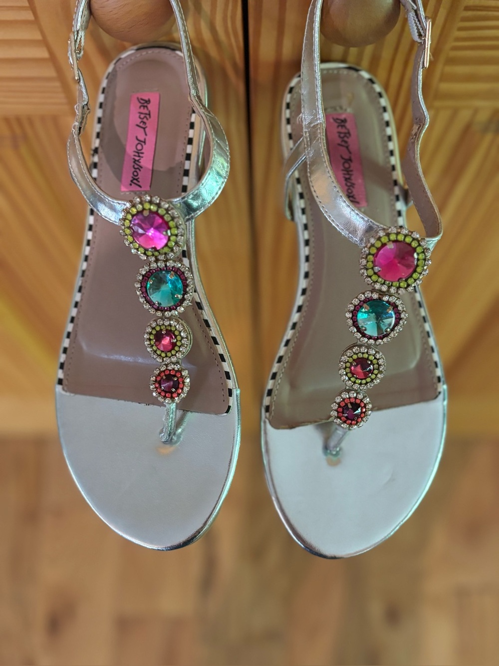 Betsey Johnson Metallic Gemstone T-Strap Sandals in Silver size 7.5